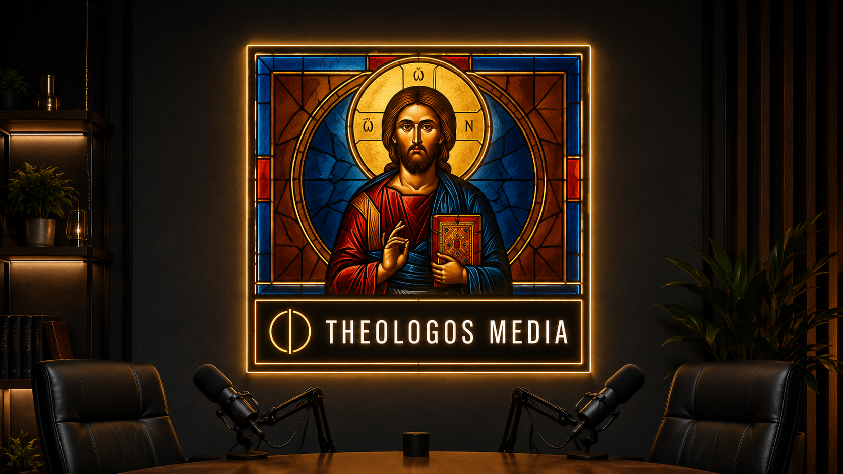 Theologos Media podcast studio — stained-glass Christ Pantocrator centerpiece with the Theologos sign and two professional microphones
