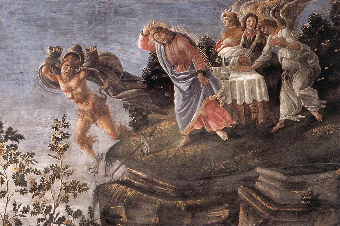 Detail from Botticelli's Sistine Chapel fresco of Christ tempted by Satan in the wilderness.