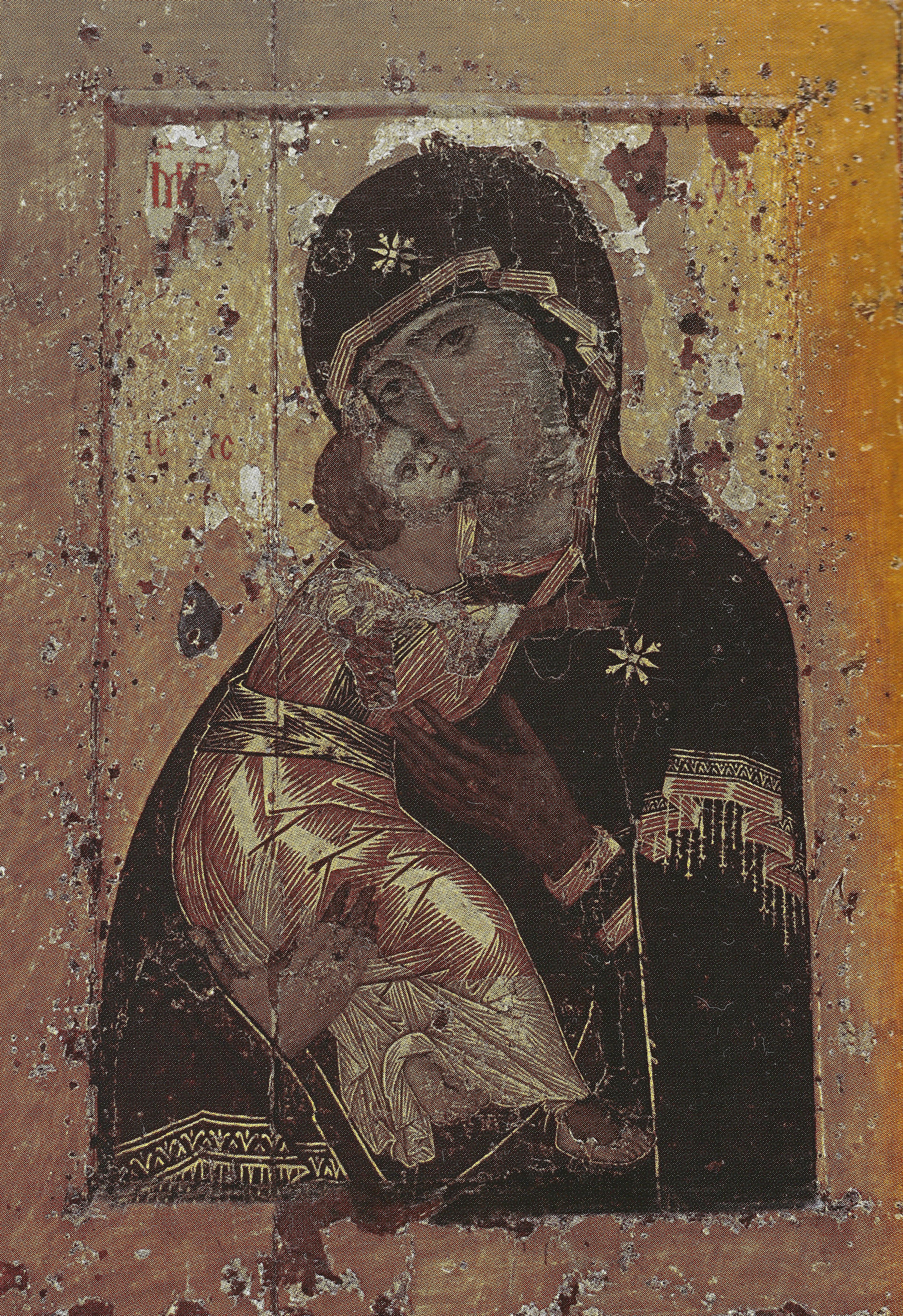 Theotokos of Vladimir, a twelfth-century Byzantine icon of the Virgin and Child in tender embrace, foundational to Russian iconography.