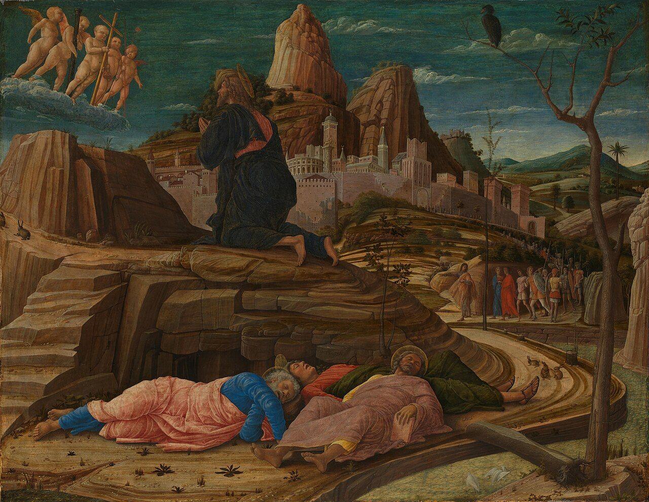 Andrea Mantegna's Agony in the Garden of Gethsemane, Christ at prayer while the apostles sleep.